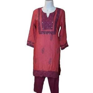 Aikya Premium Punjabi Suit‎ L 3pc Cotton Pink Purple Print Modest Ethnic Casual